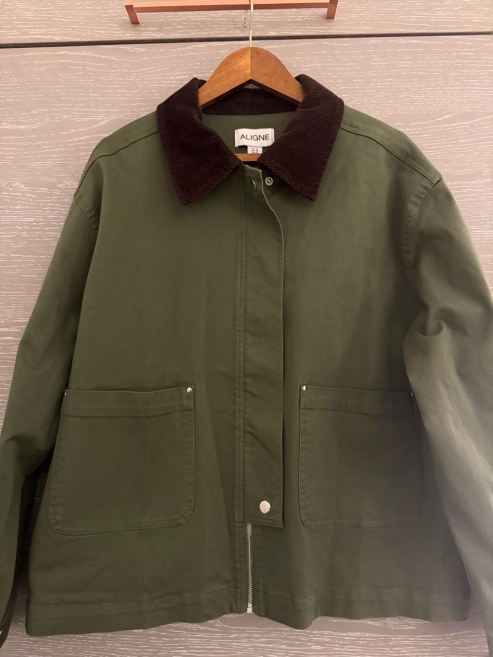 Aligne Olive Green Cotton Jacket with Brown Corduroy Collar